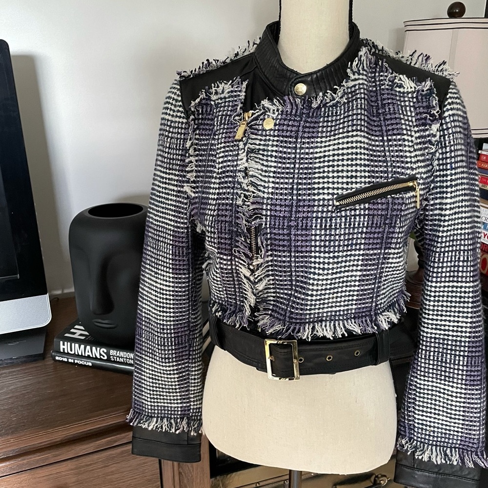 Cropped tweed leather jacket - Sz 10